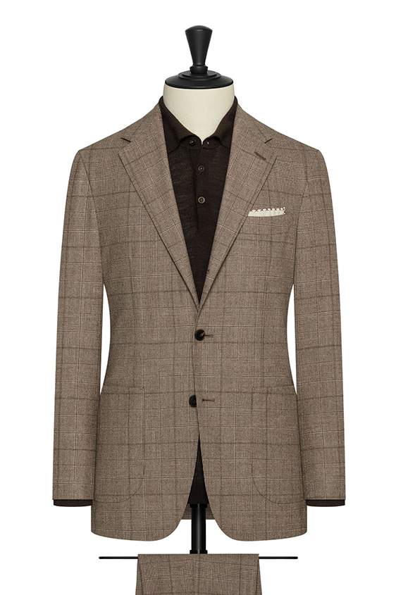 Tan natural stretch wool flannel suit with glencheck