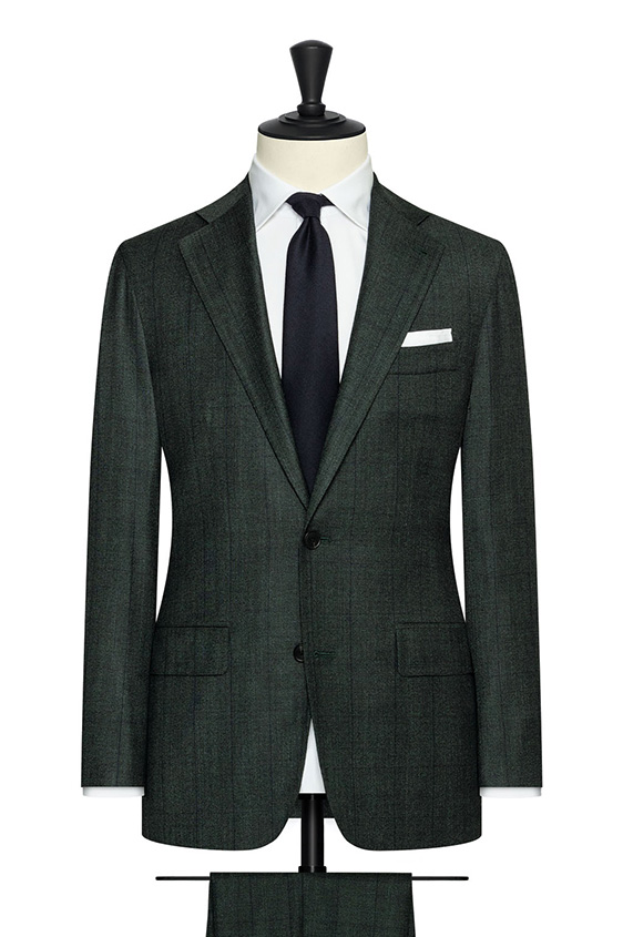 Dark green wool suit with subtle glencheck and windowpane