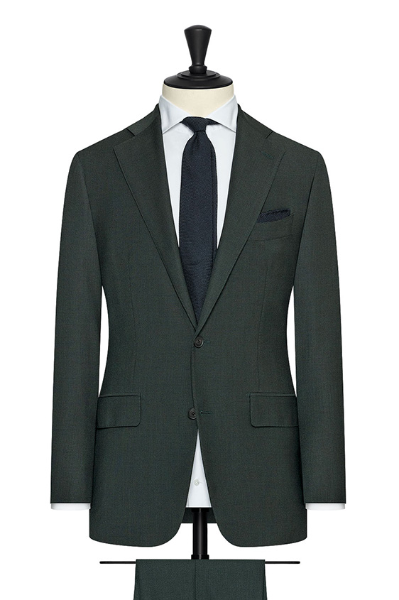 Forest green stretch wool suit with micro-effect