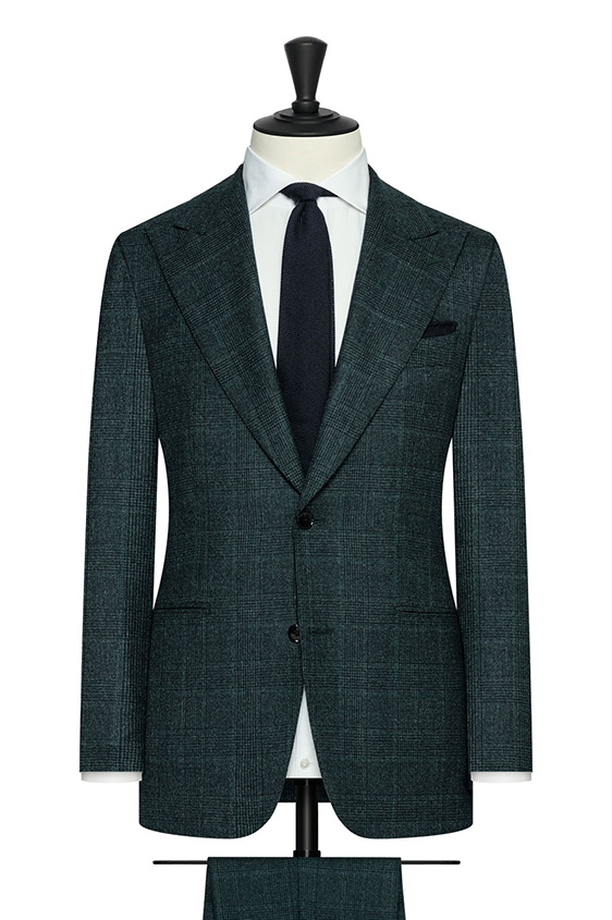 Bottle green natural stretch wool suit with blue glencheck