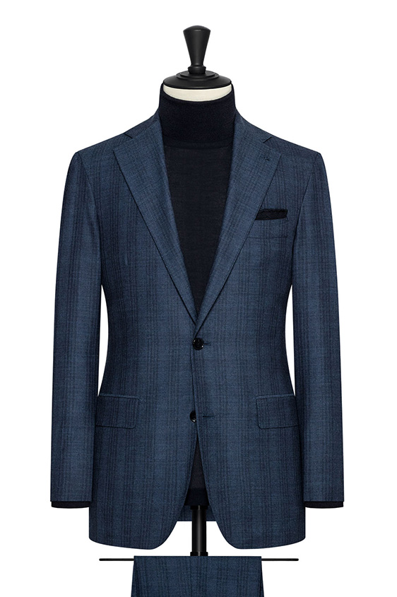 Dark slate wool-silk suit with faded check