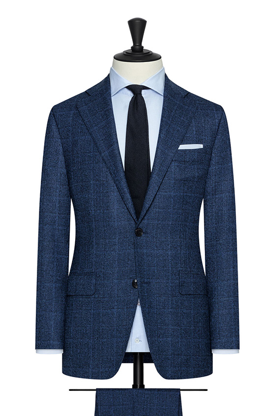 Neapolitan blue stretch wool suit with midnight blue glencheck