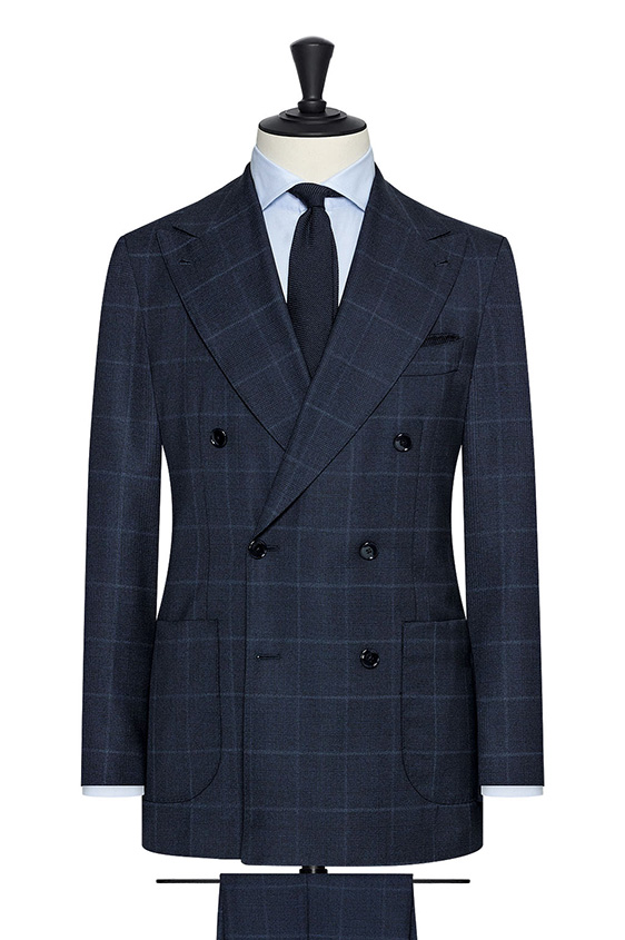 Midnight blue wool suit with subtle grey overcheck