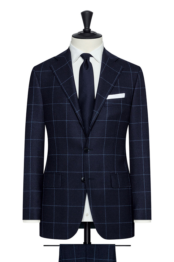 Midnight blue wool flannel suit with storm blue windowpane