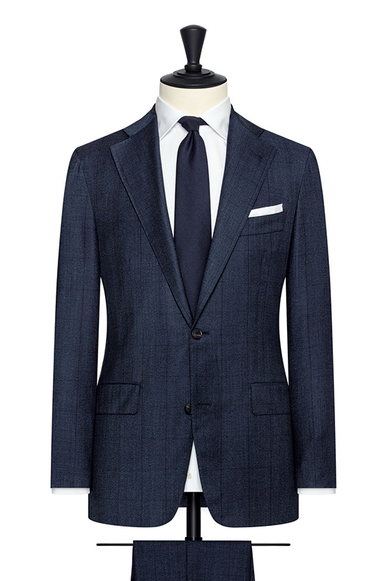 Midnight blue wool suit with subtle glencheck