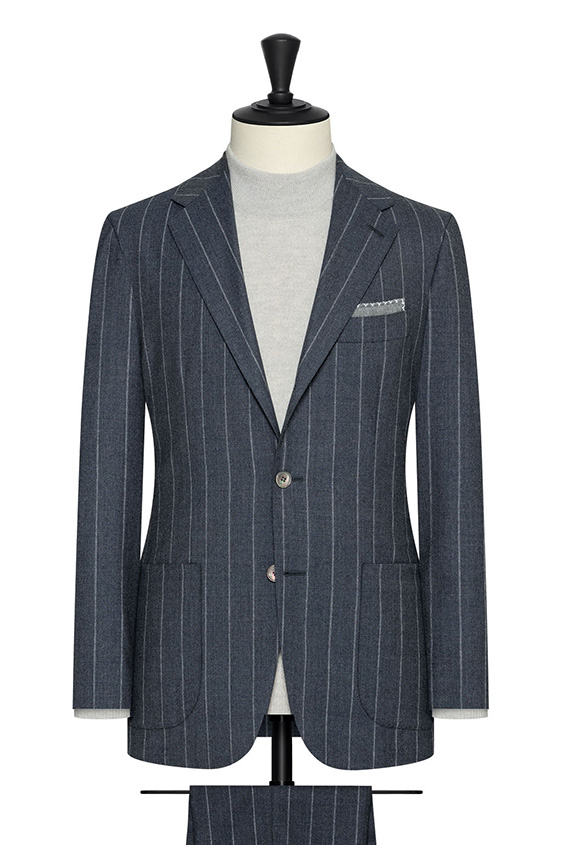 Storm blue stretch wool suit with chalk stripe