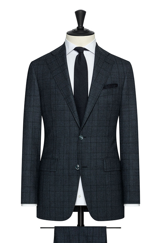 Dark blue stretch wool suit with green detailed glencheck