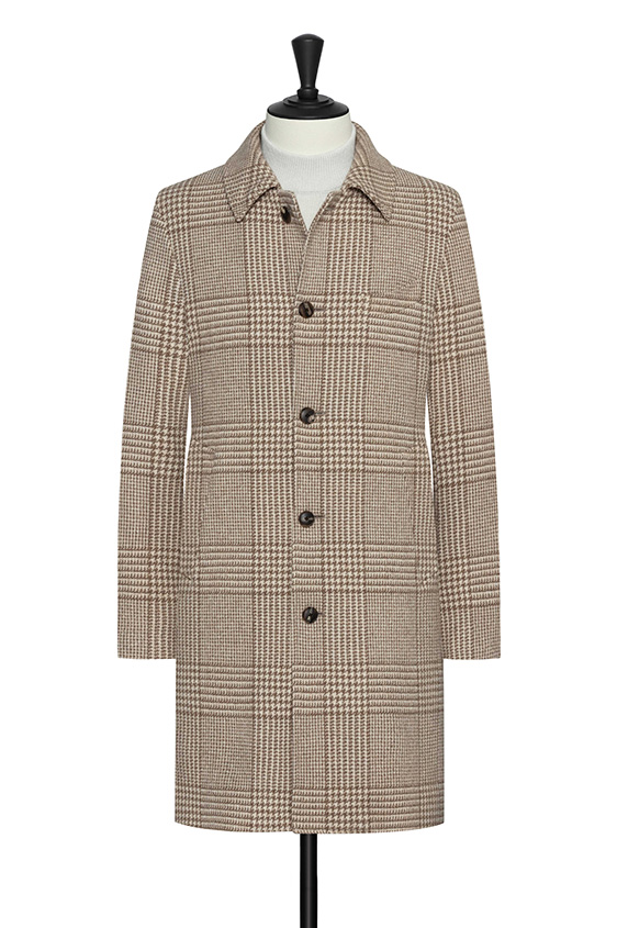 Beige wool-cashmere overcoat with tan glencheck