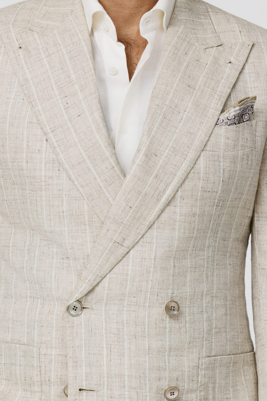 Greige-ivory stretch linen-cotton blend with off-white pencil stripes