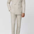 Greige-ivory stretch linen-cotton blend with off-white pencil stripes
