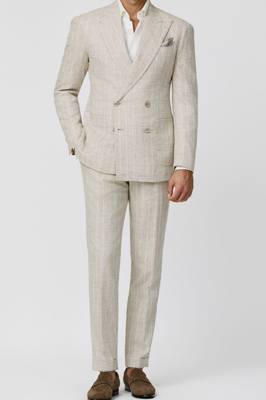 Greige-ivory stretch linen-cotton blend with off-white pencil stripes