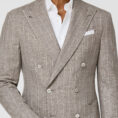 Light taupe wool-silk-linen plain weave with ivory pencil stripes