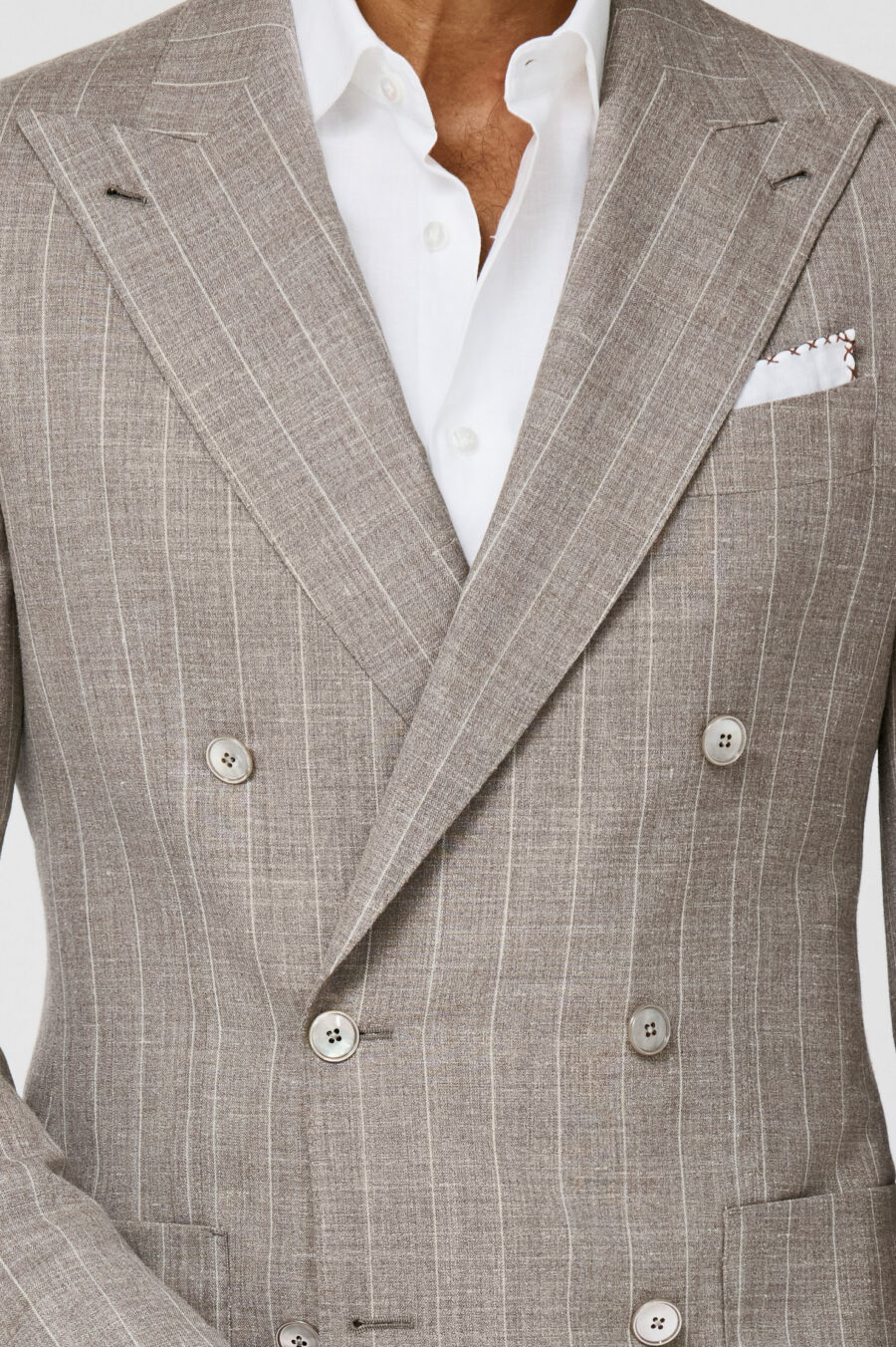 Light taupe wool-silk-linen plain weave with ivory pencil stripes