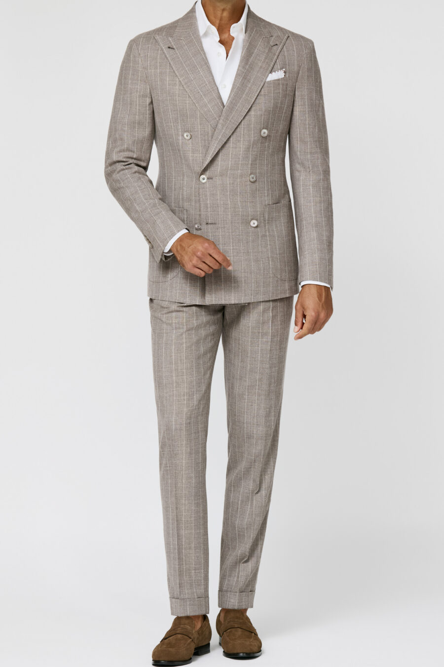 Light taupe wool-silk-linen plain weave with ivory pencil stripes