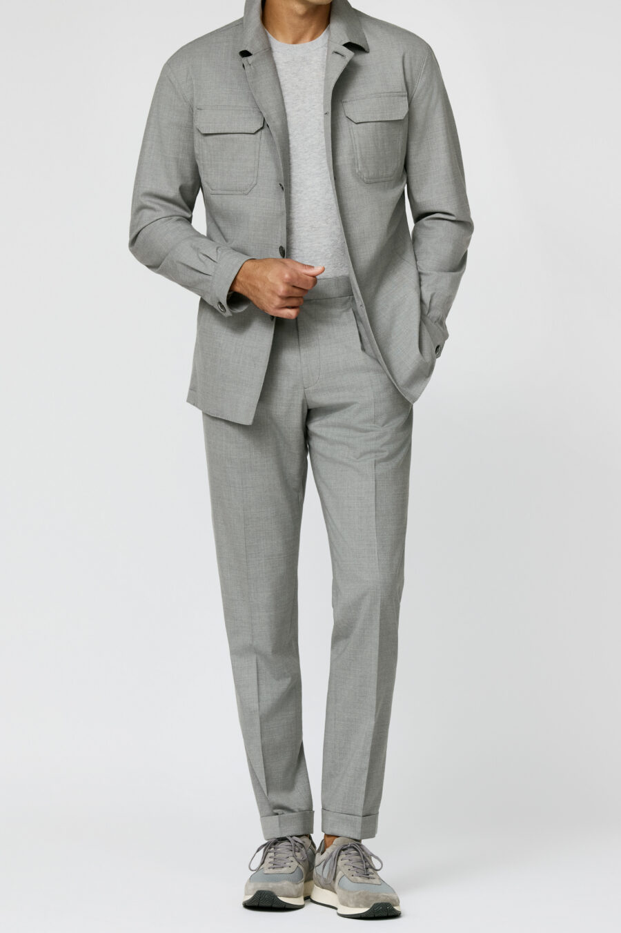 Silver grey stretch tropical wool plain weave