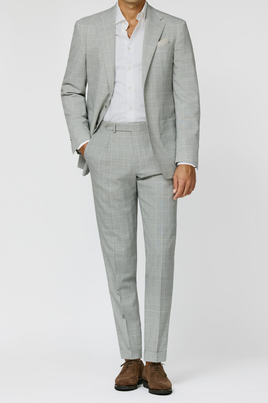 Light grey-storm grey tropical natural stretch wool glencheck