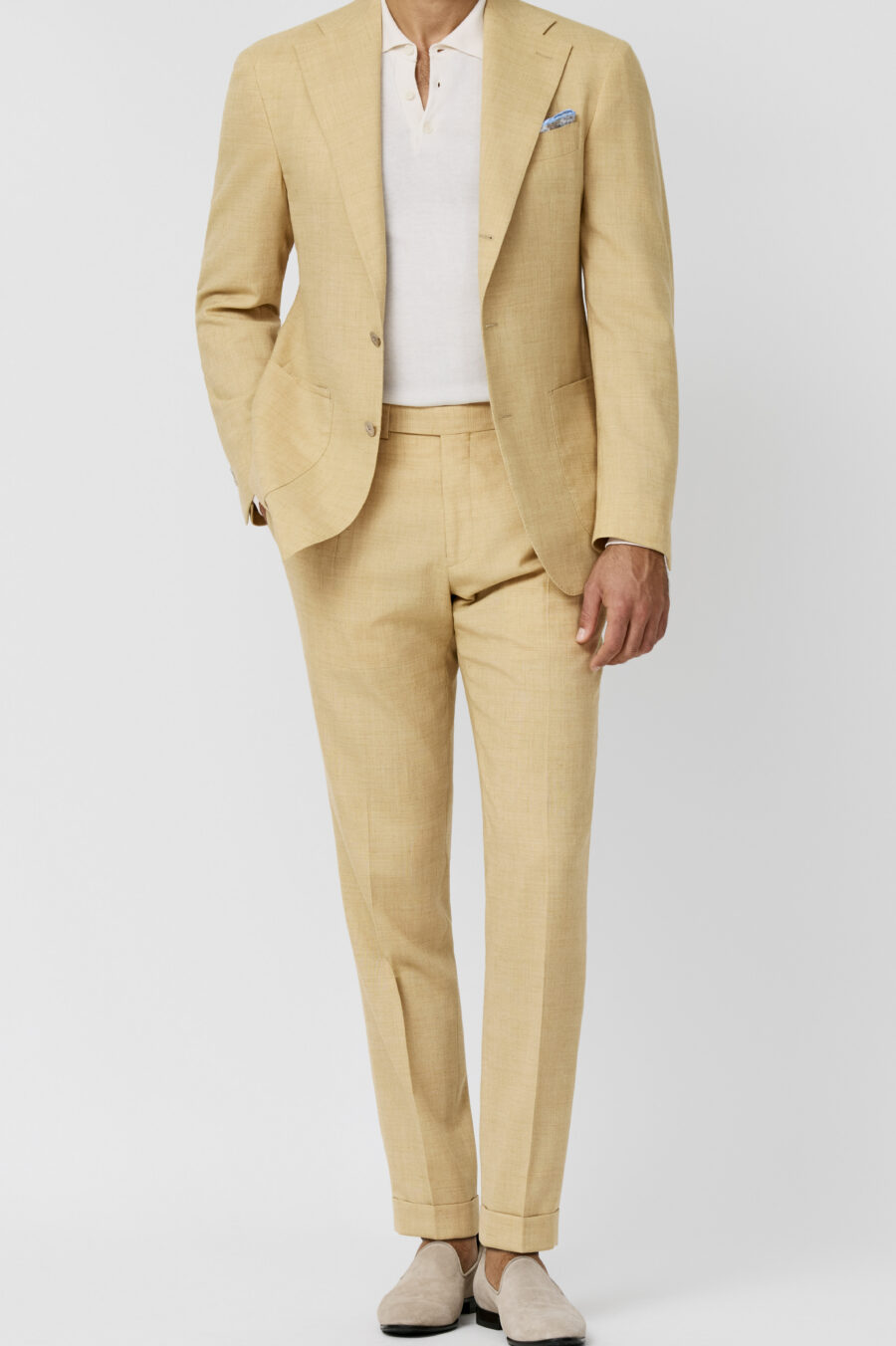 Butter yellow stretch wool-linen blend tropical