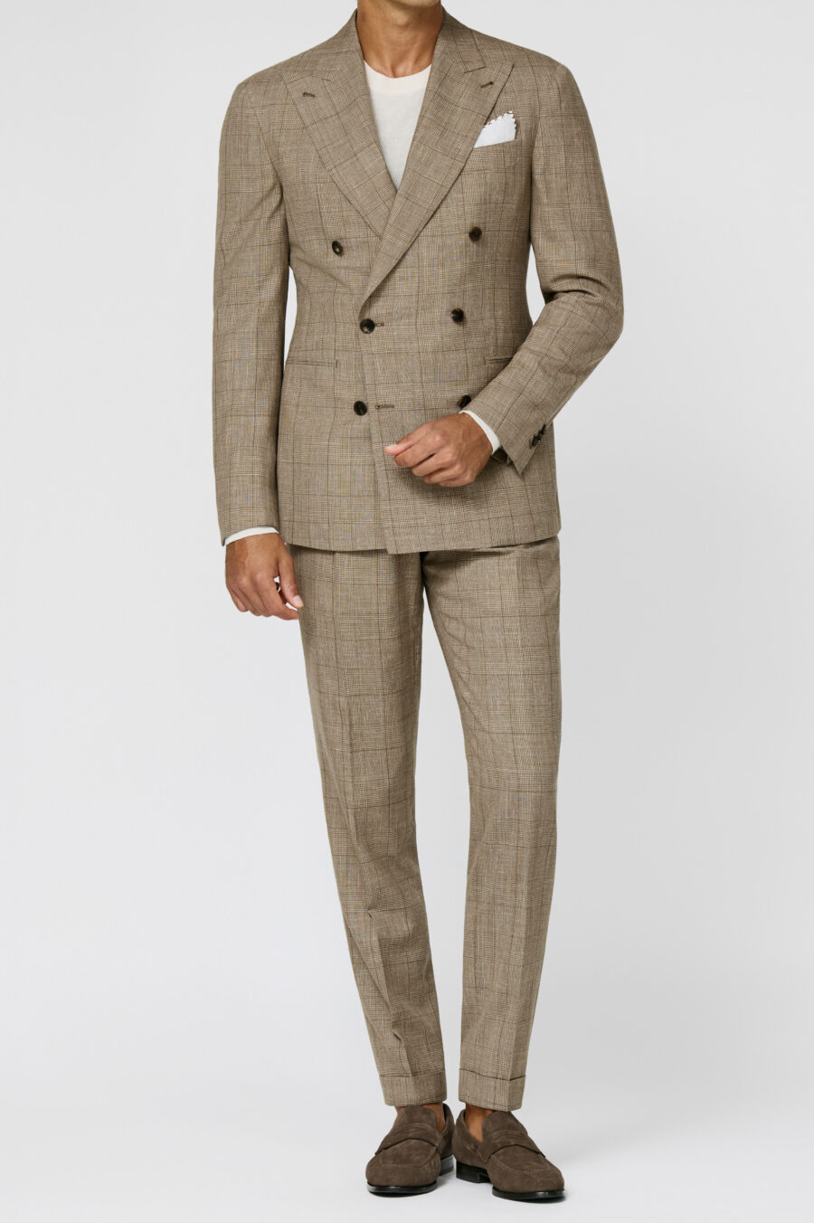 Light brown-sand wool-silk-linen glencheck