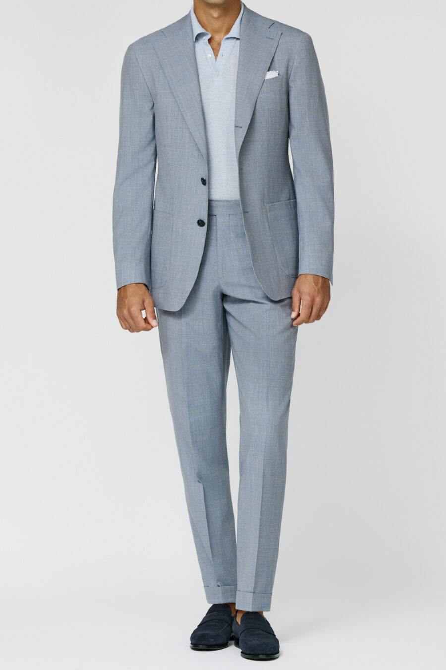 Neapolitan blue-ivory S130 natural bi-stretch wool glencheck