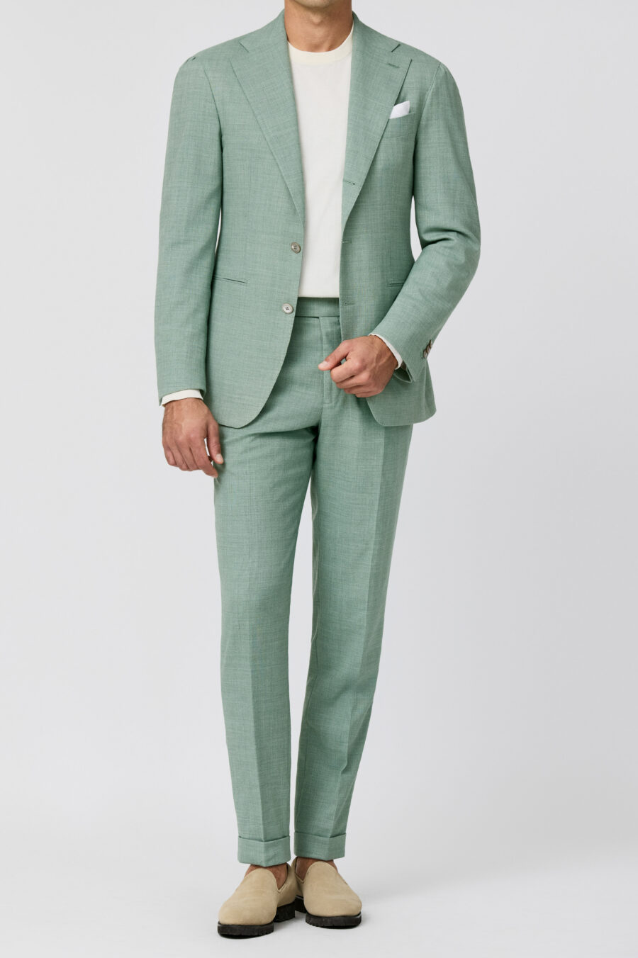 Mint green stretch wool-linen blend tropical