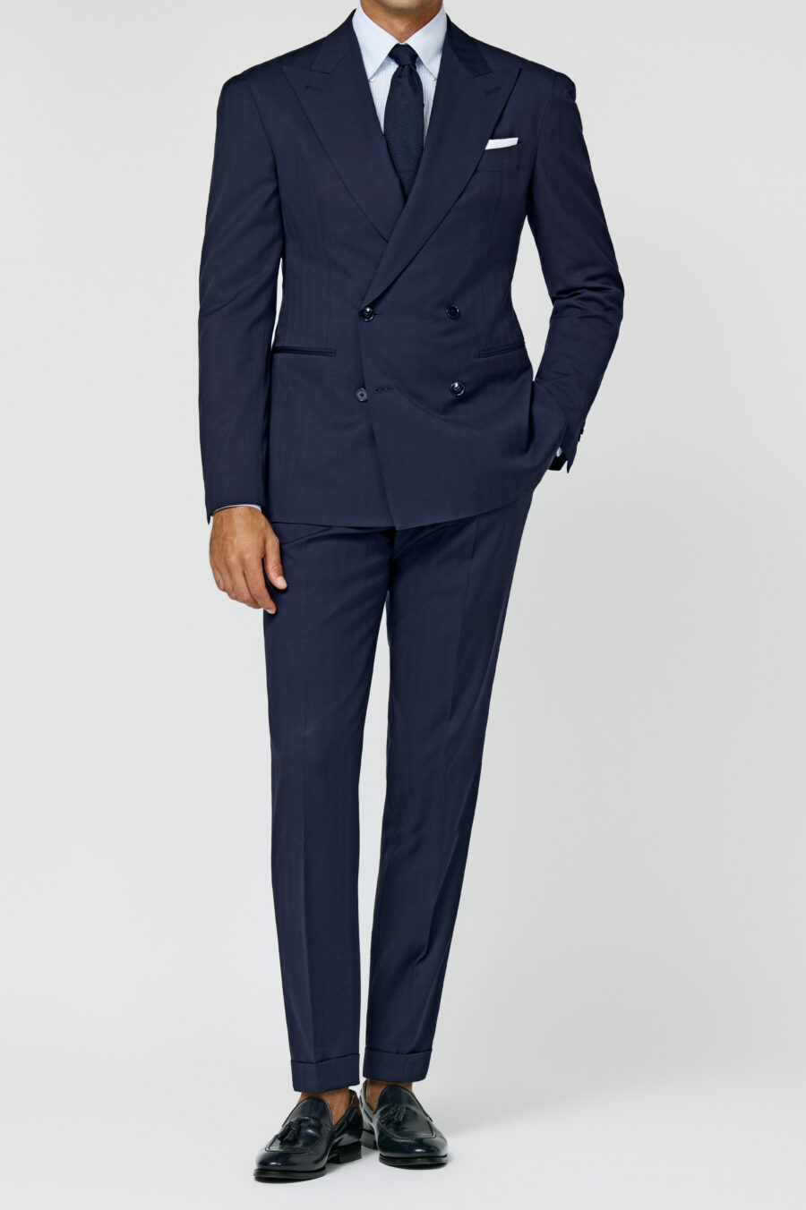 Midnight blue S130 natural bi-stretch wool solaro herringbone