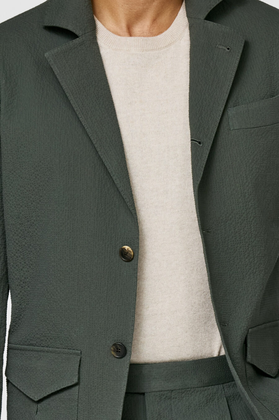 Army green stretch cotton seersucker