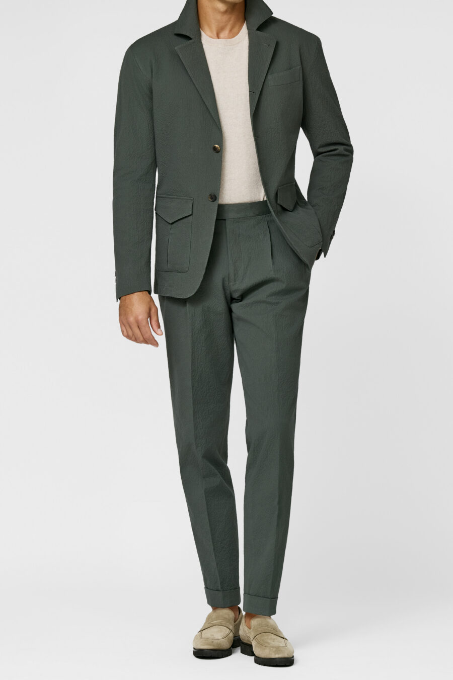 Army green stretch cotton seersucker