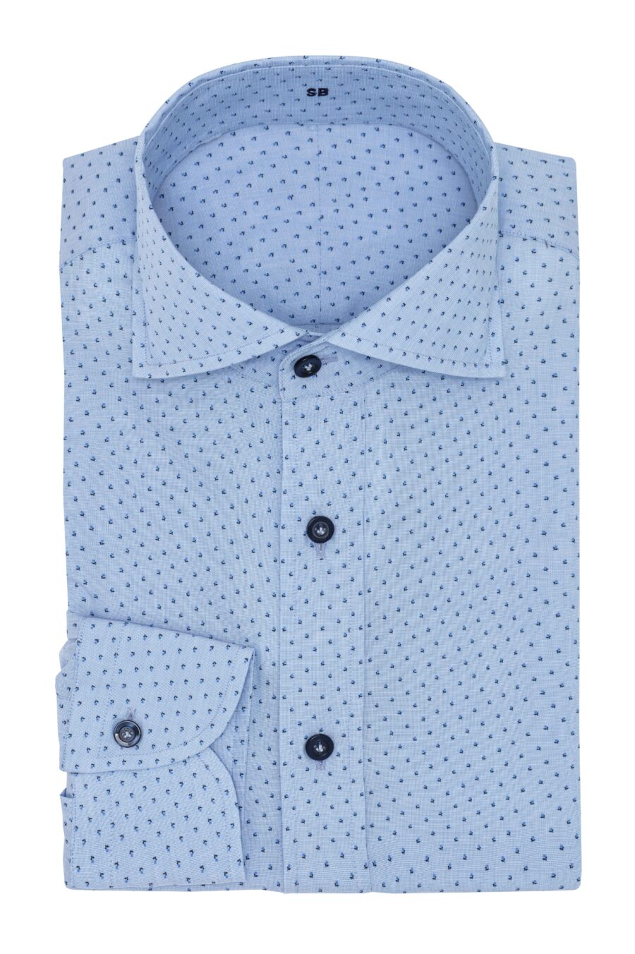 Light blue cotton poplin with navy blue floral dot print