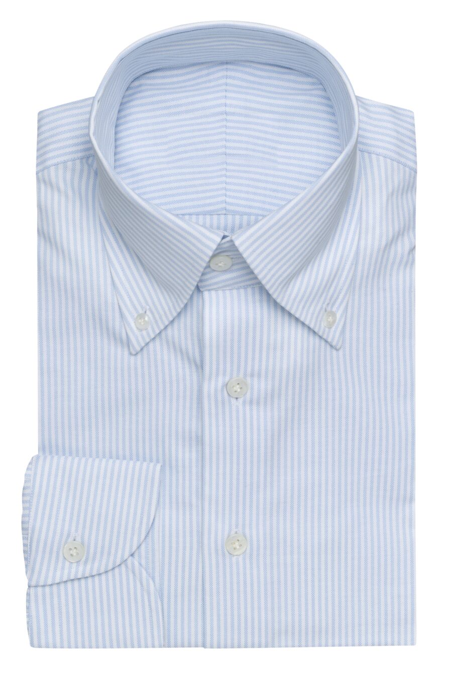 White natural stretch cotton oxford with blue stripes