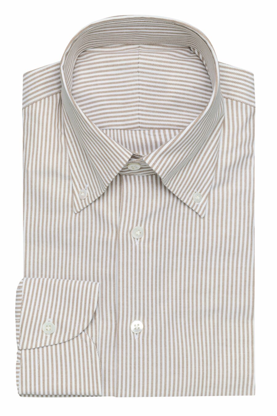 White natural stretch cotton oxford with caramel stripes