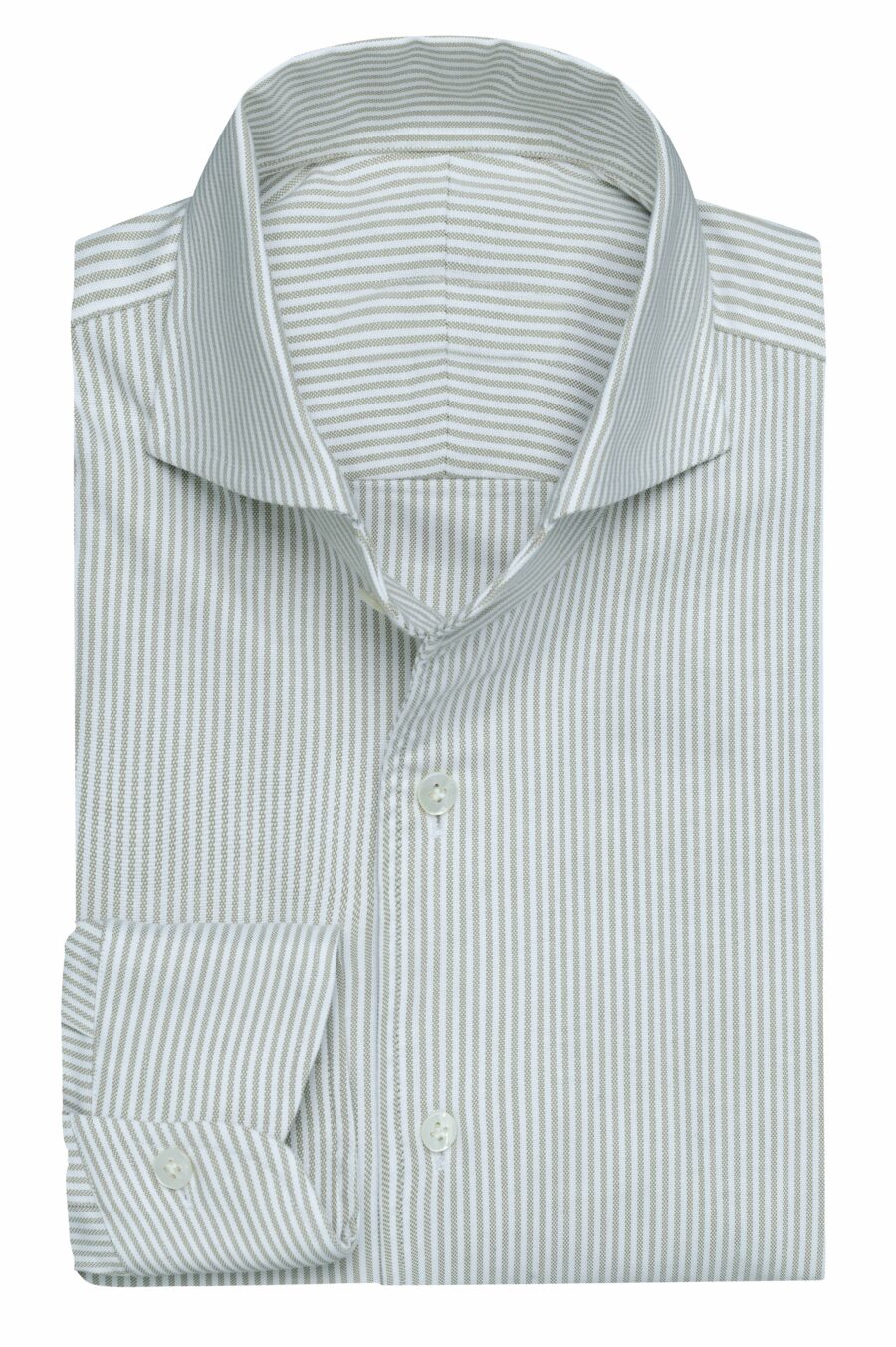 White natural stretch cotton oxford with sage stripes